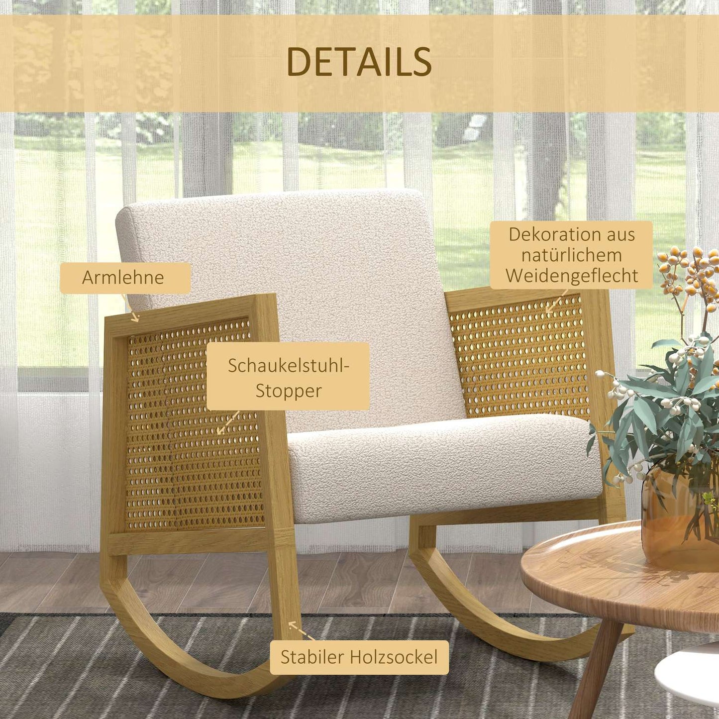 Rocking chair with soft cushions and rattan decor