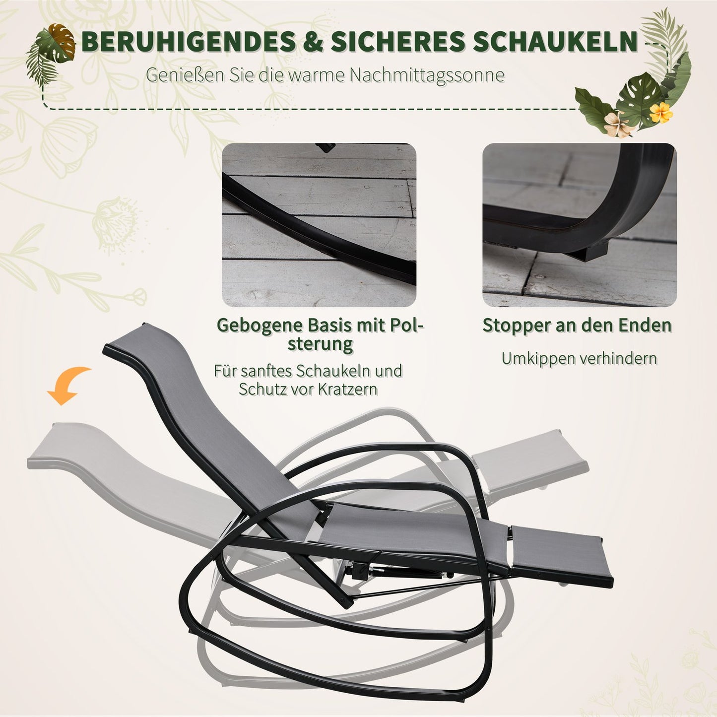 Gray adjustable garden rocking chair with footrest, capacity 160 kg