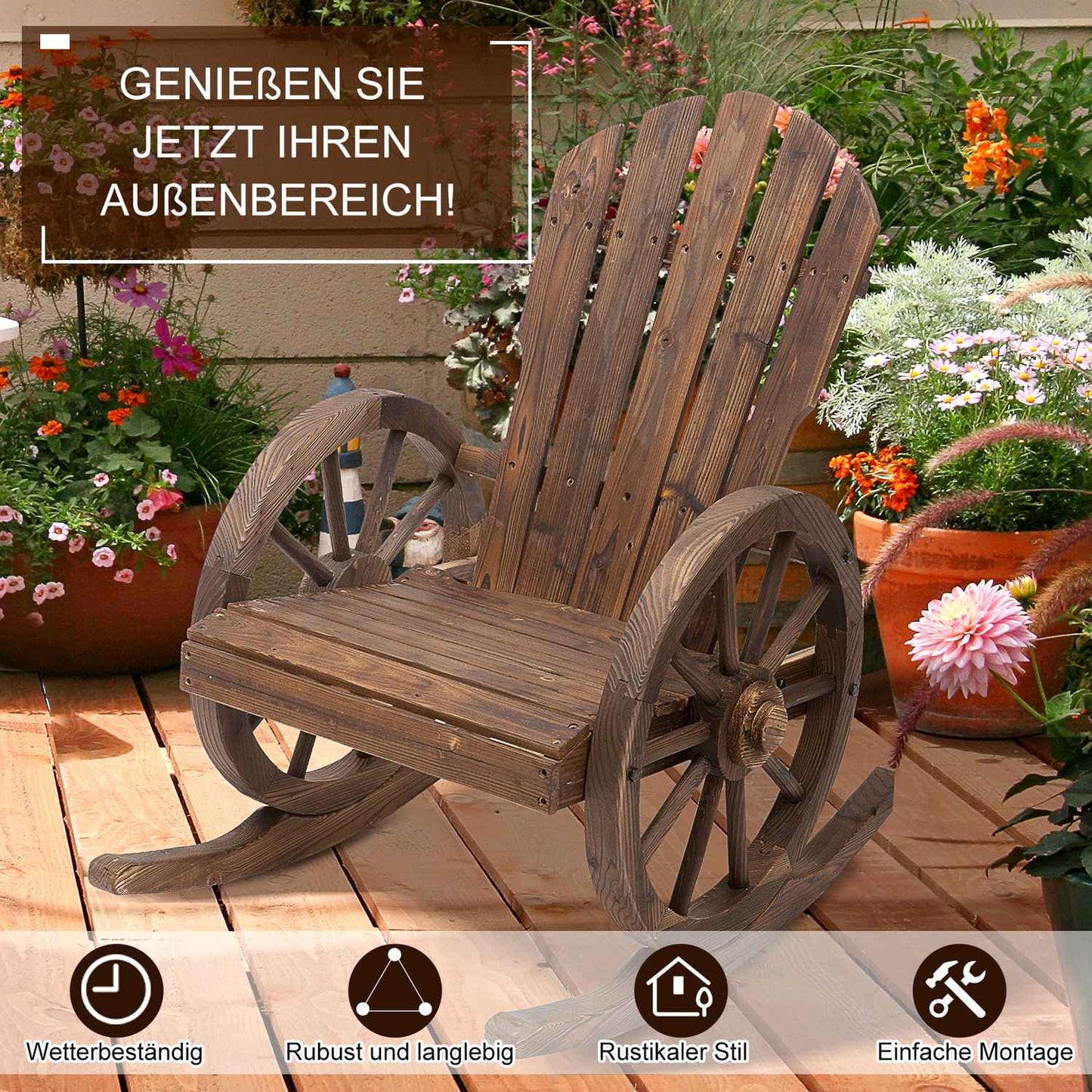 Rocking chair, rustic wood, dark brown, wheel design