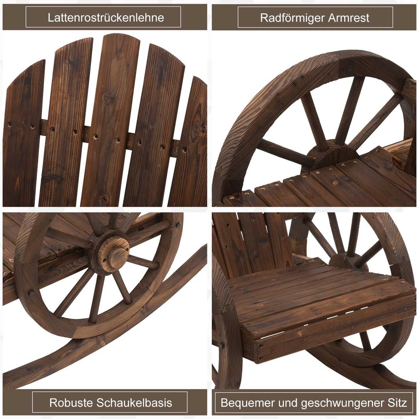 Rocking chair, rustic wood, dark brown, wheel design