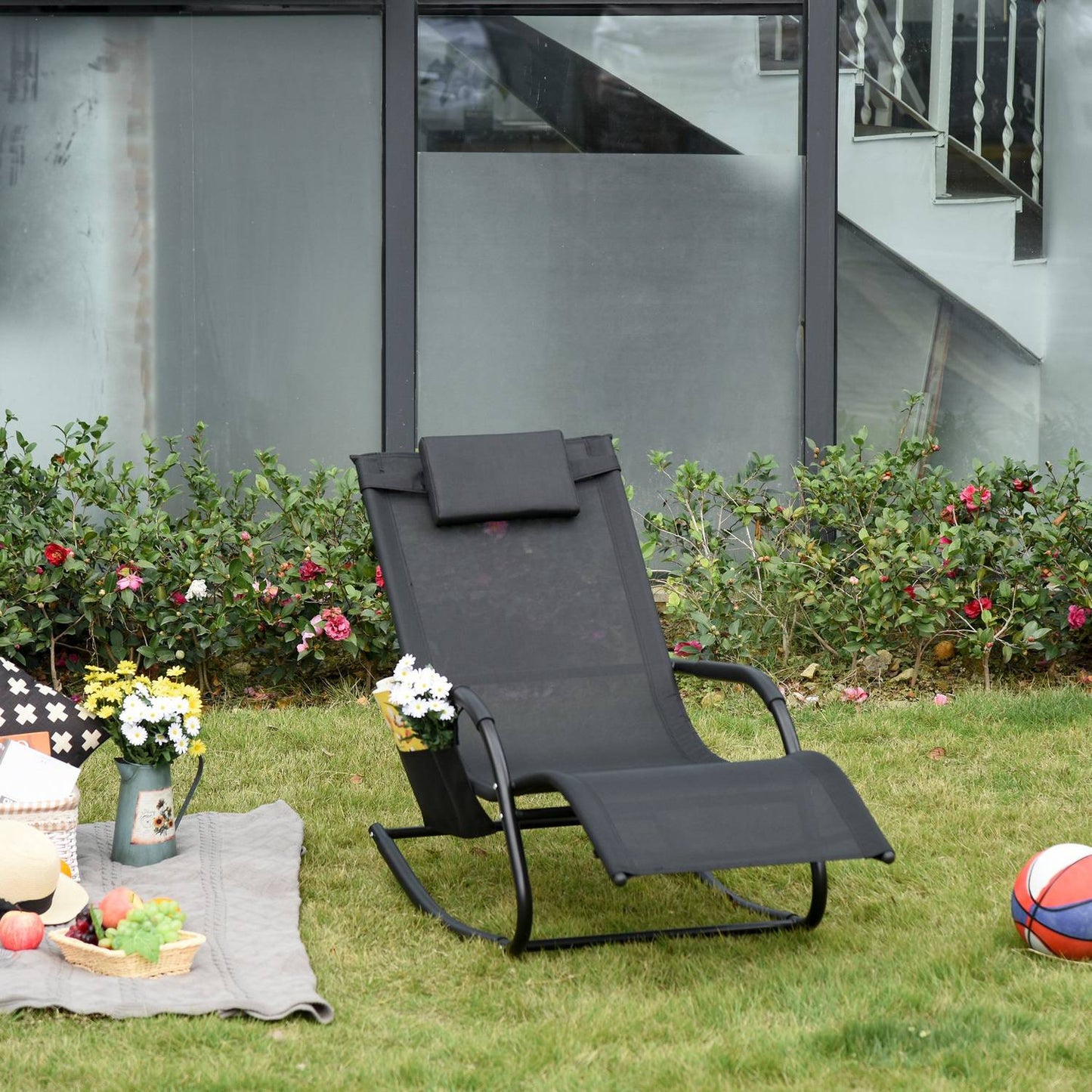 Black Metal Mesh Rocking Lounger, 150 x 62 x 88 cm