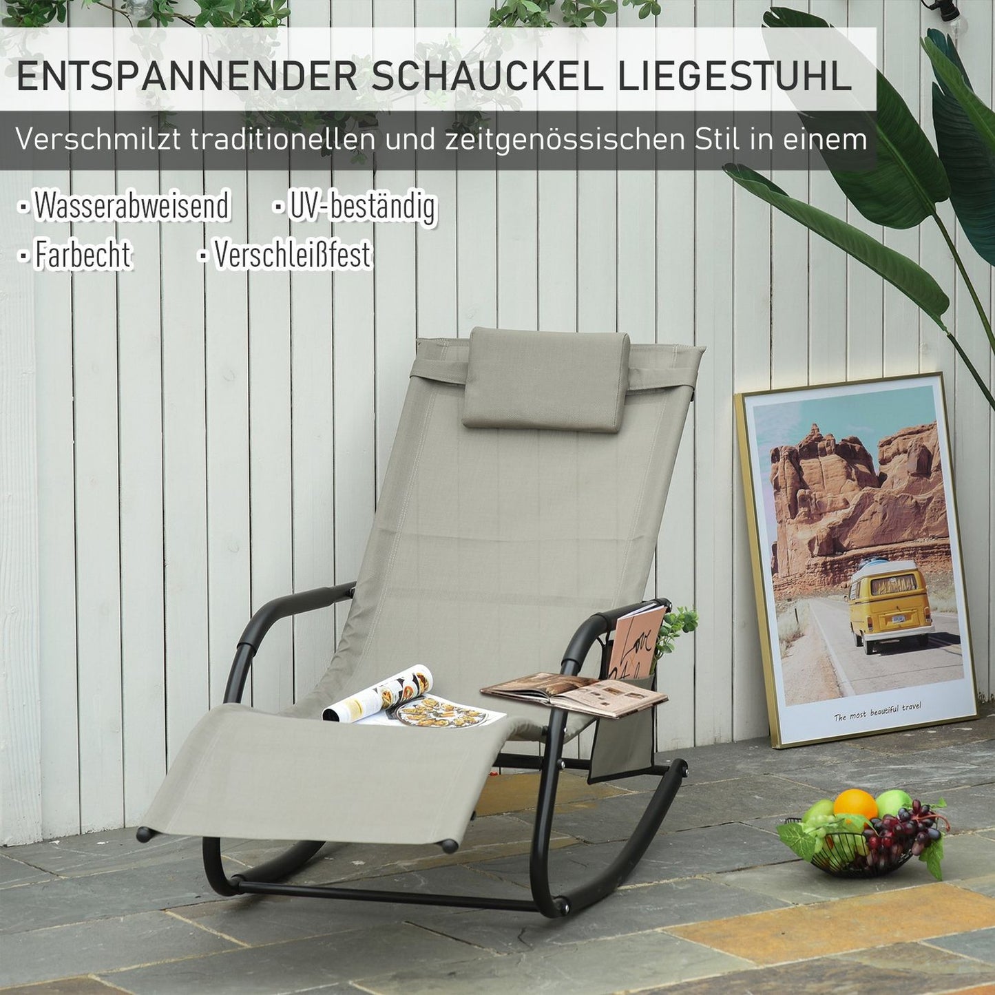 Garden rocking chair - metal mesh, black & light grey, 150x62x88 cm