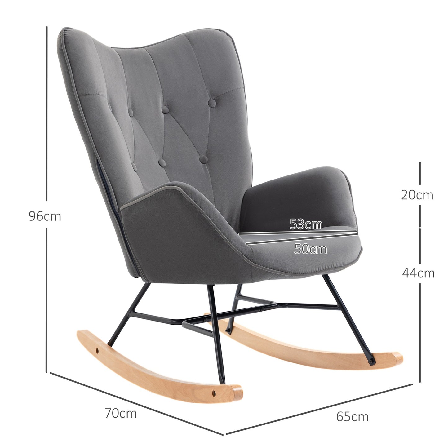 Velvet-like rocking chair, steel frame, padded seat
