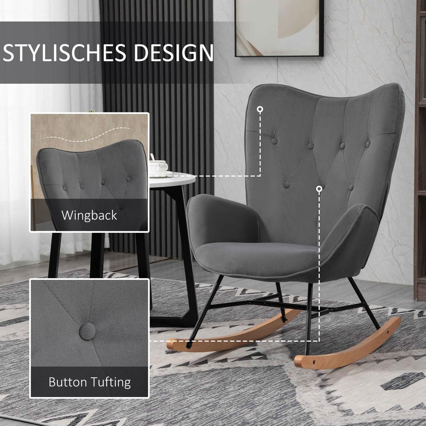 Velvet-like rocking chair, steel frame, padded seat