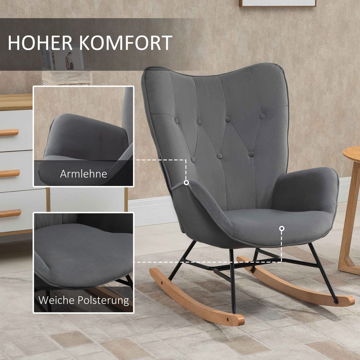 Velvet-like rocking chair, steel frame, padded seat