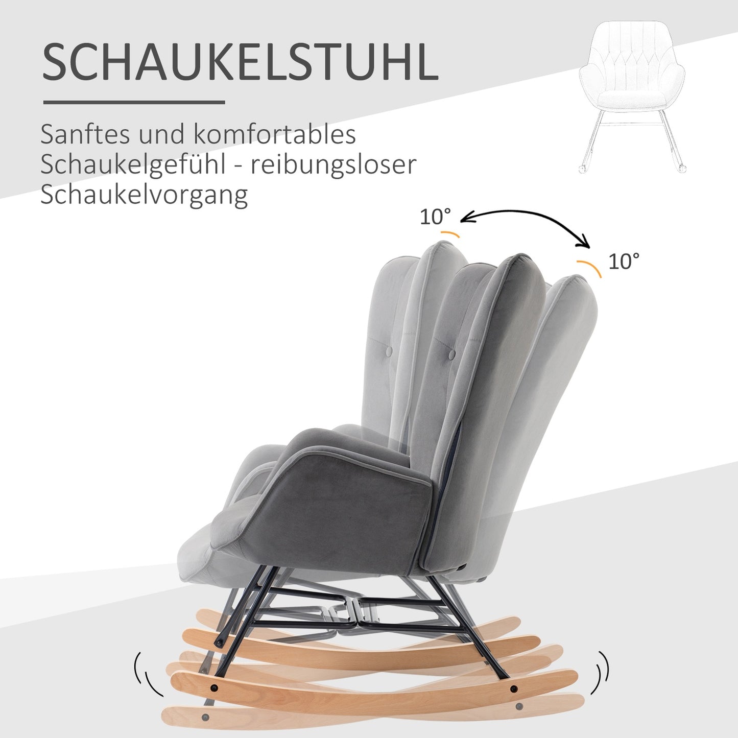 Velvet-like rocking chair, steel frame, padded seat