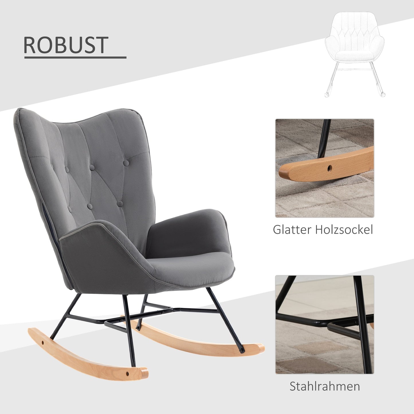 Velvet-like rocking chair, steel frame, padded seat