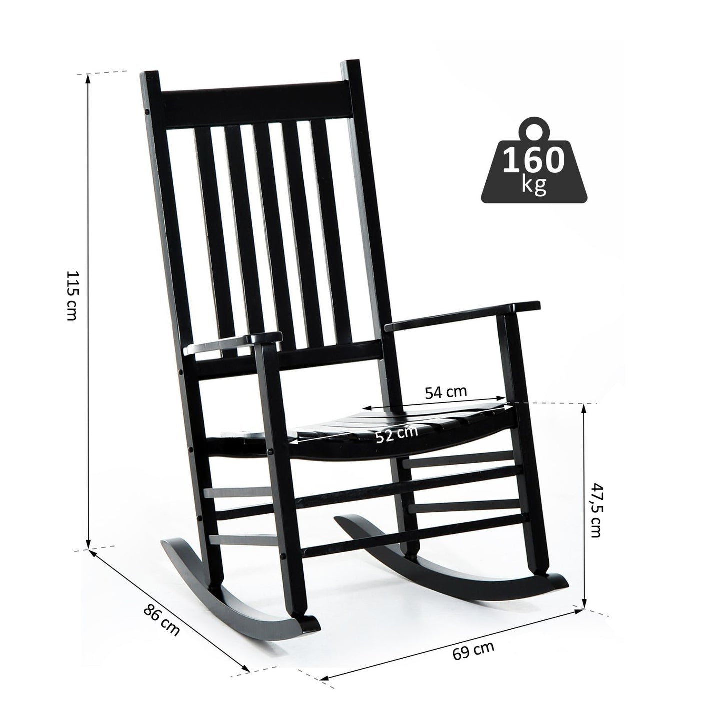 Black wooden rocking chair with armrests 69X86X115 Cm