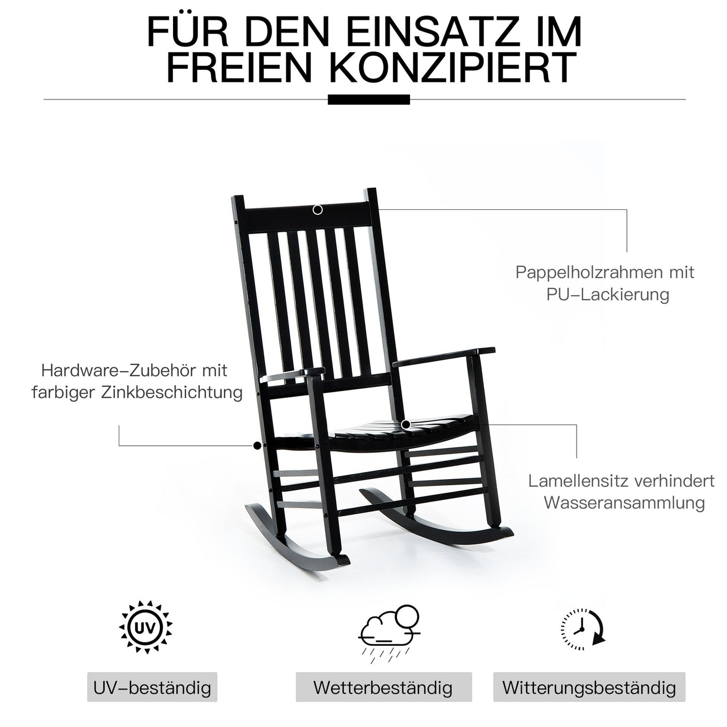 Black wooden rocking chair with armrests 69X86X115 Cm