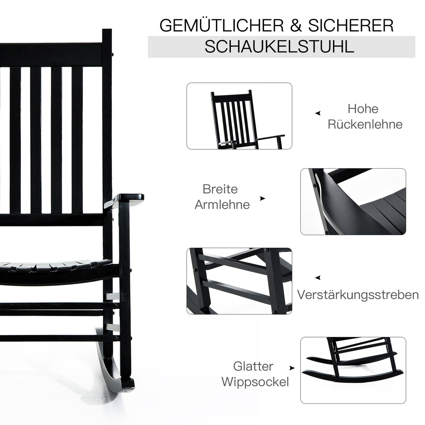 Black wooden rocking chair with armrests 69X86X115 Cm