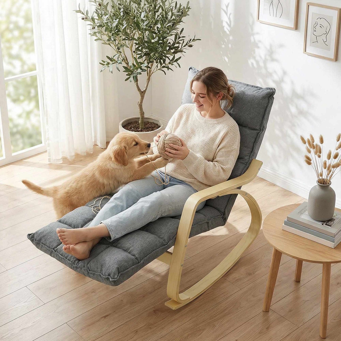 Rocking Chair with Adjustable Footrest, Padded, Grey