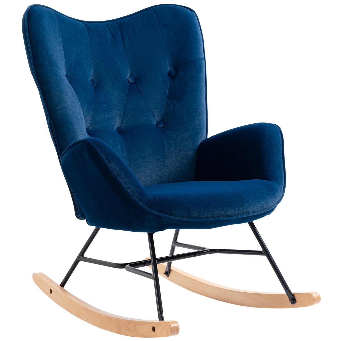 Blue Velvet rocking chair with armrests and high comfort padding