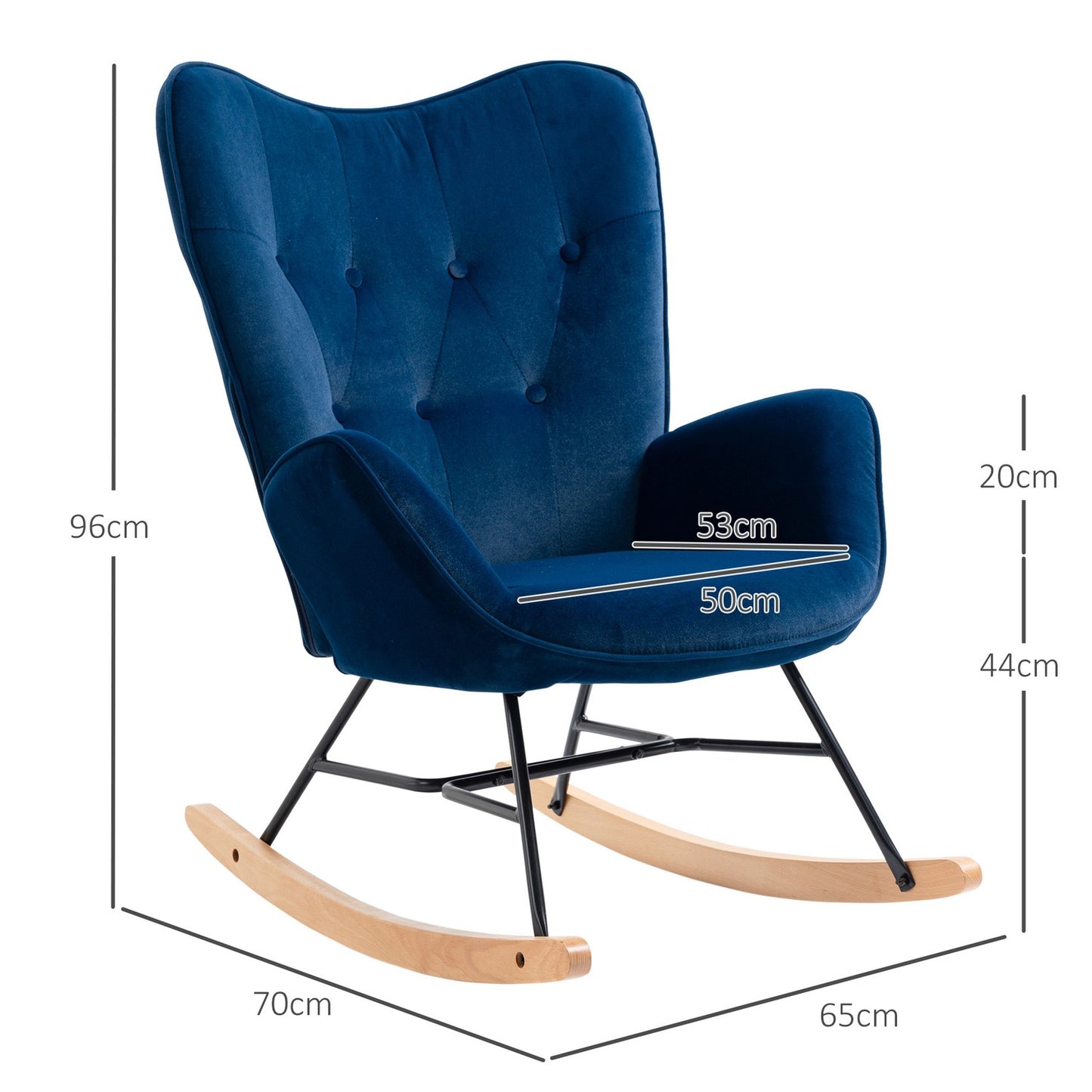 Blue Velvet rocking chair with armrests and high comfort padding