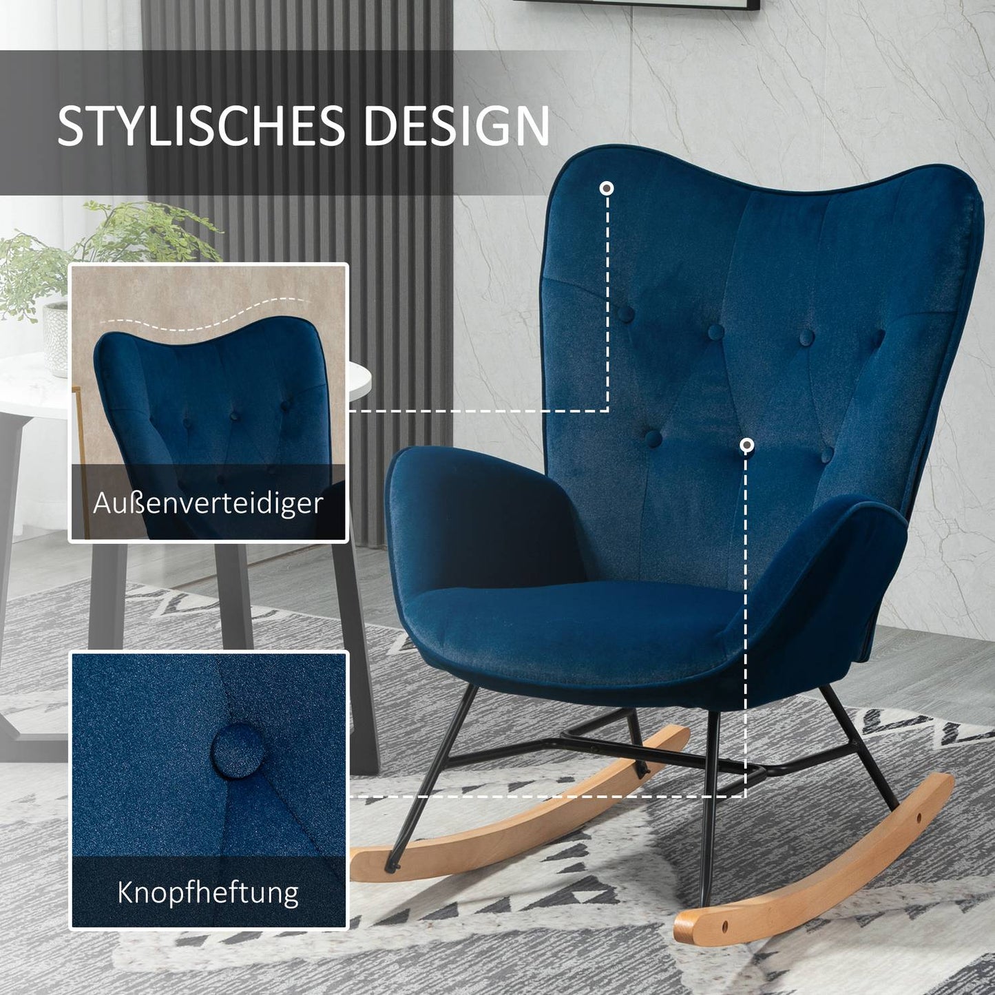 Blue Velvet rocking chair with armrests and high comfort padding