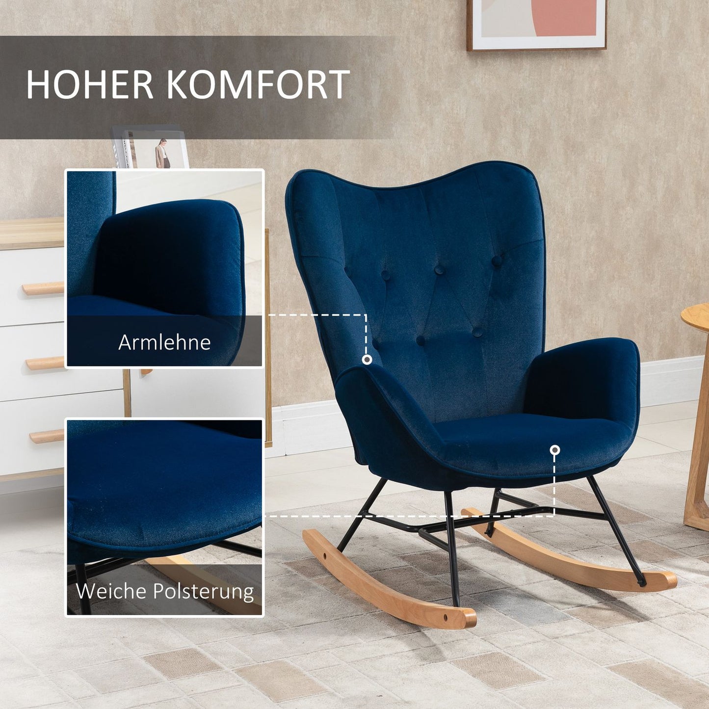 Blue Velvet rocking chair with armrests and high comfort padding