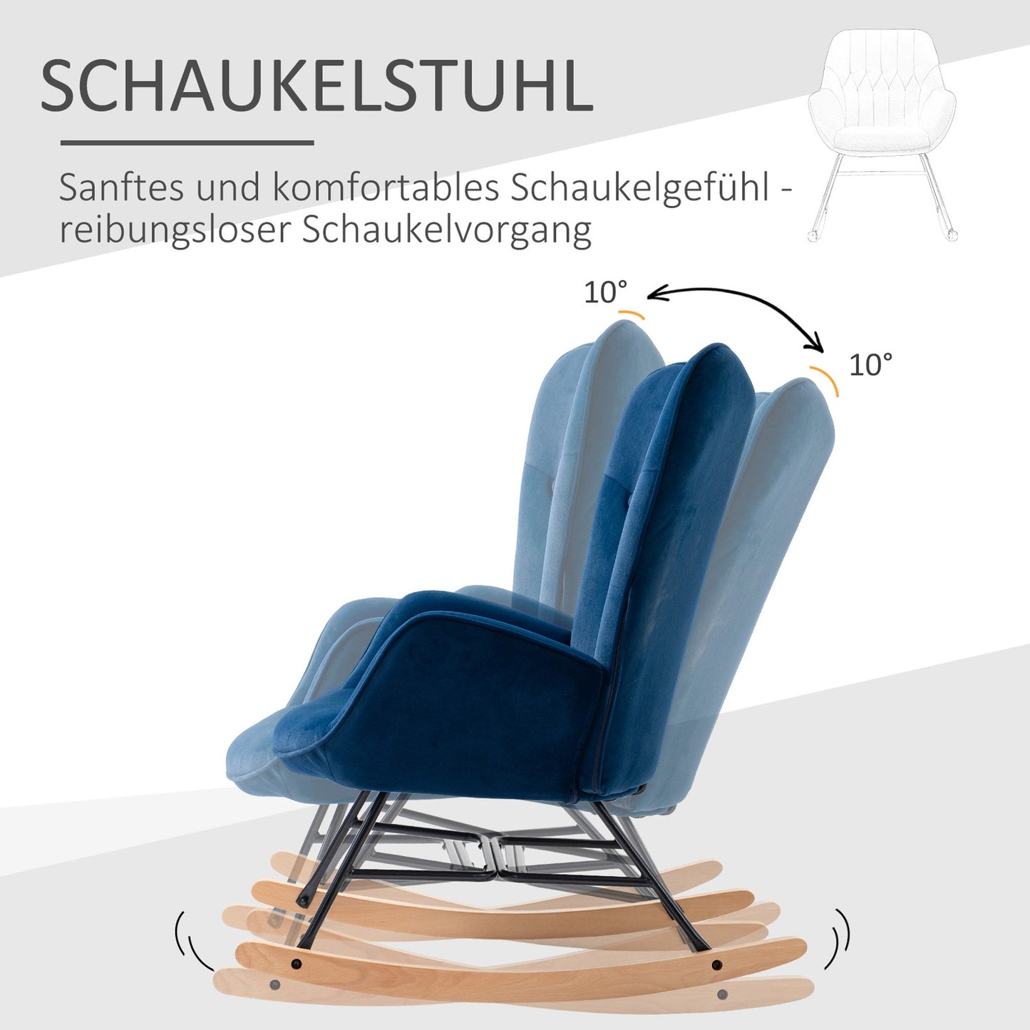 Blue Velvet rocking chair with armrests and high comfort padding