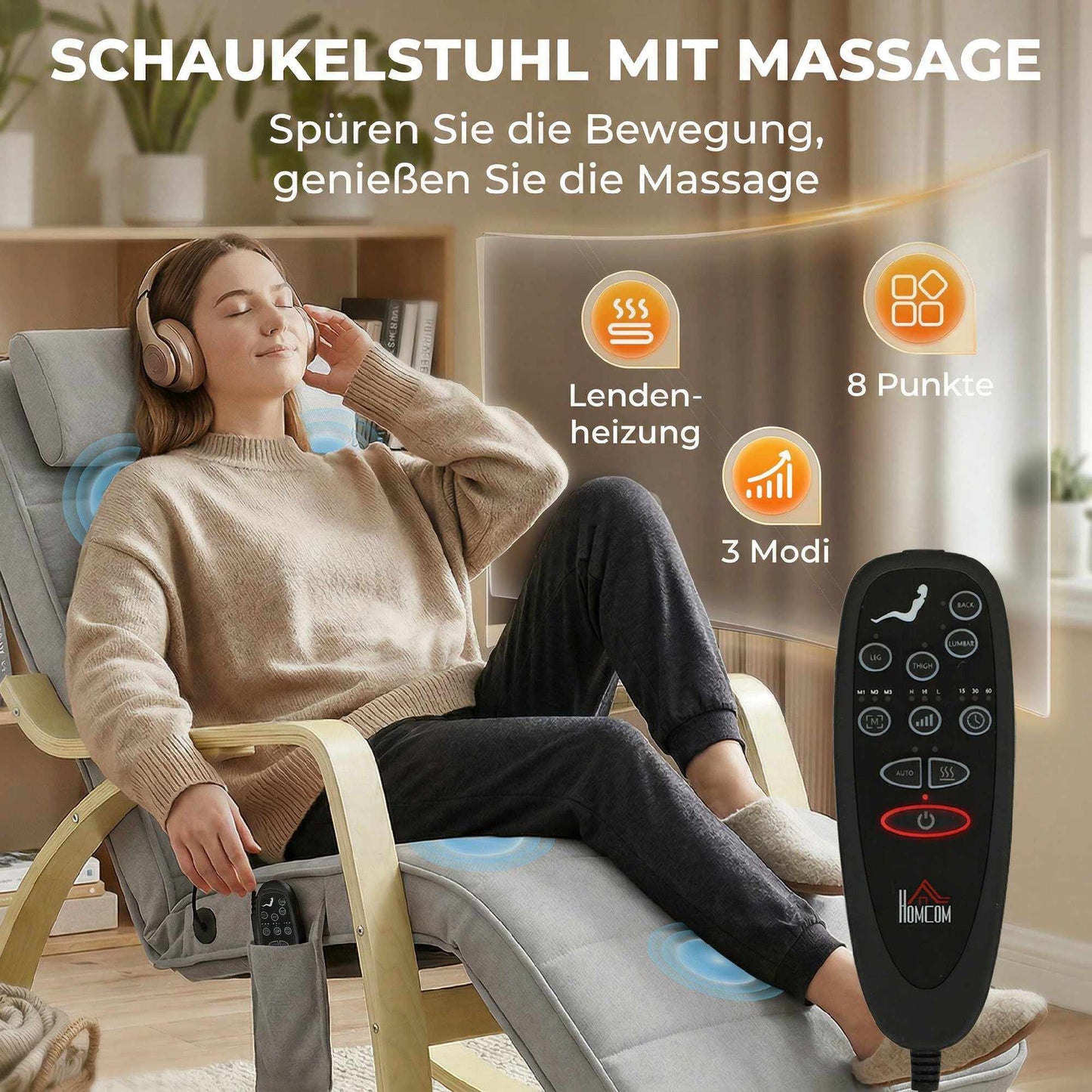Rocking Chair with Massage, Heat, Headrest & Footrest, Velvet, Light Grey