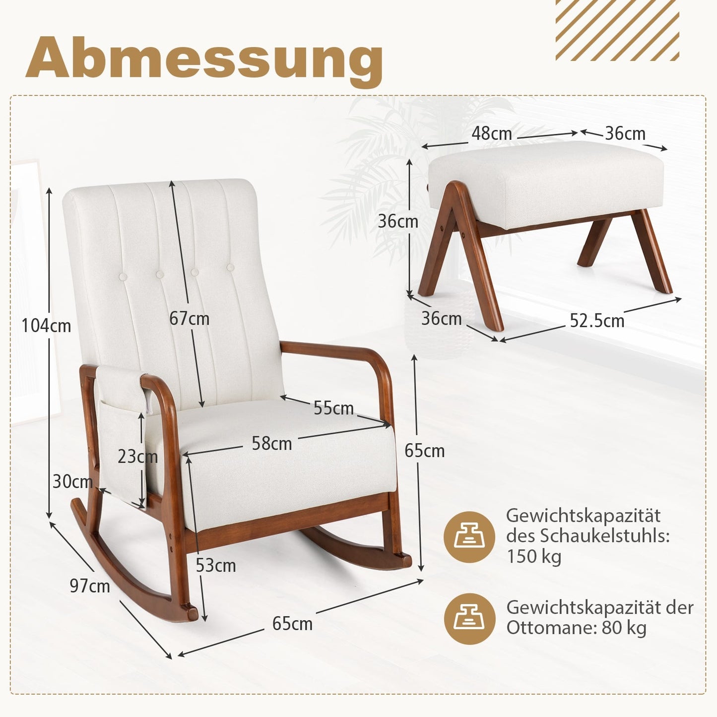 Rocking Chair with Ottoman, Ergonomic Design, Beige