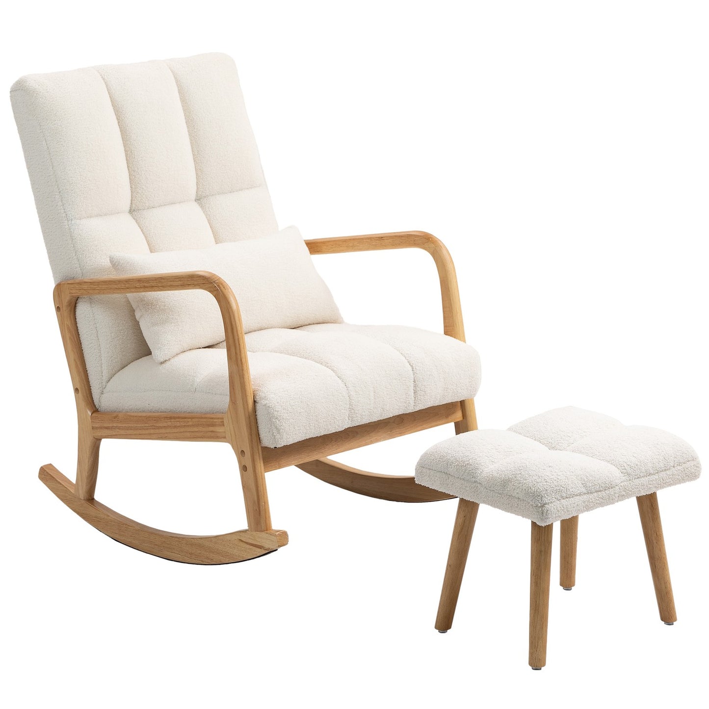 Rocking Chair with Ottoman, Fleece Cover, High Back, Wood Legs