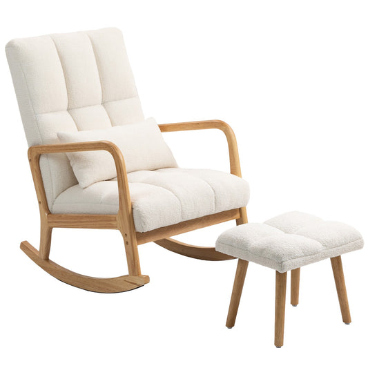 Rocking Chair with Ottoman, Fleece Cover, High Back, Wood Legs