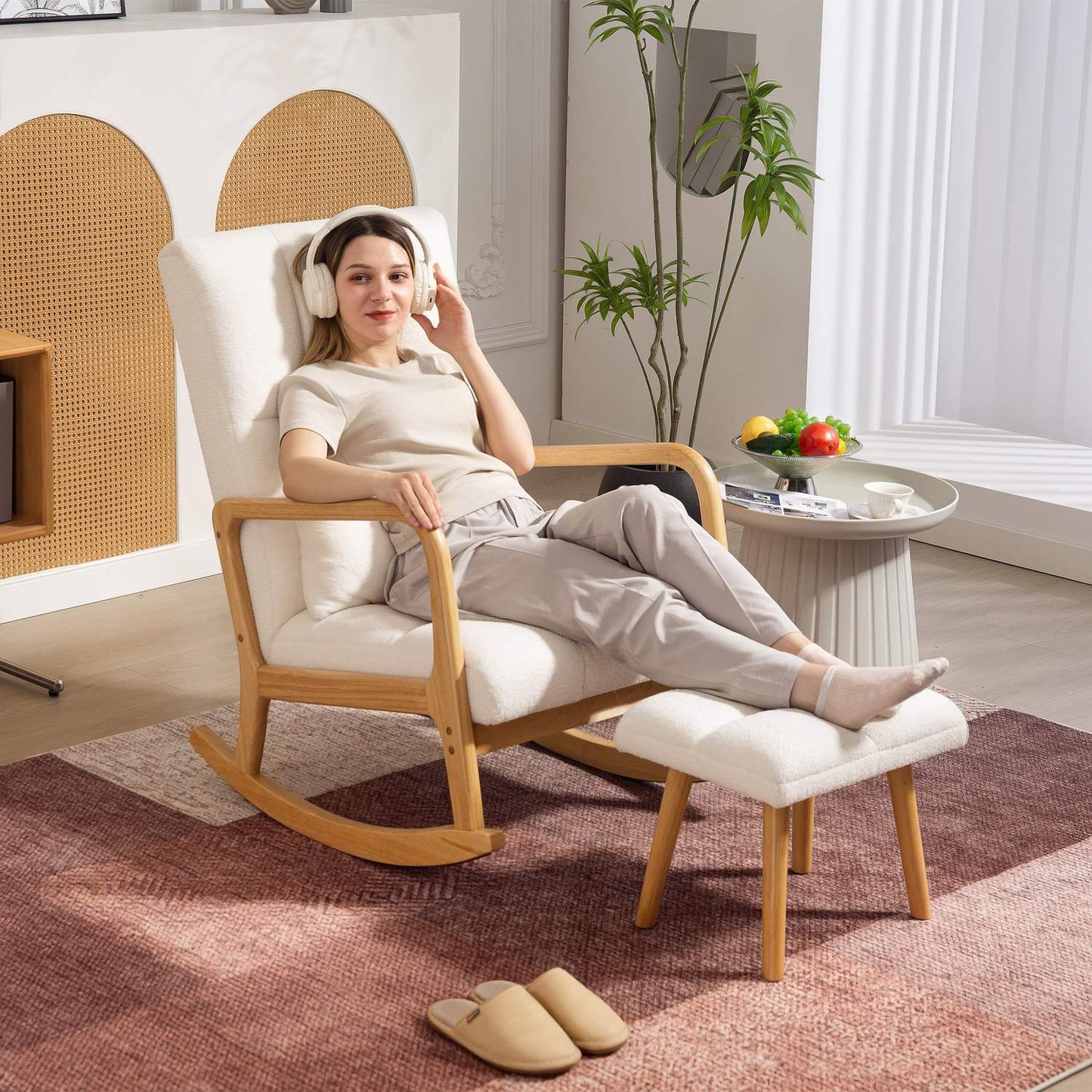 Rocking Chair with Ottoman, Fleece Cover, High Back, Wood Legs
