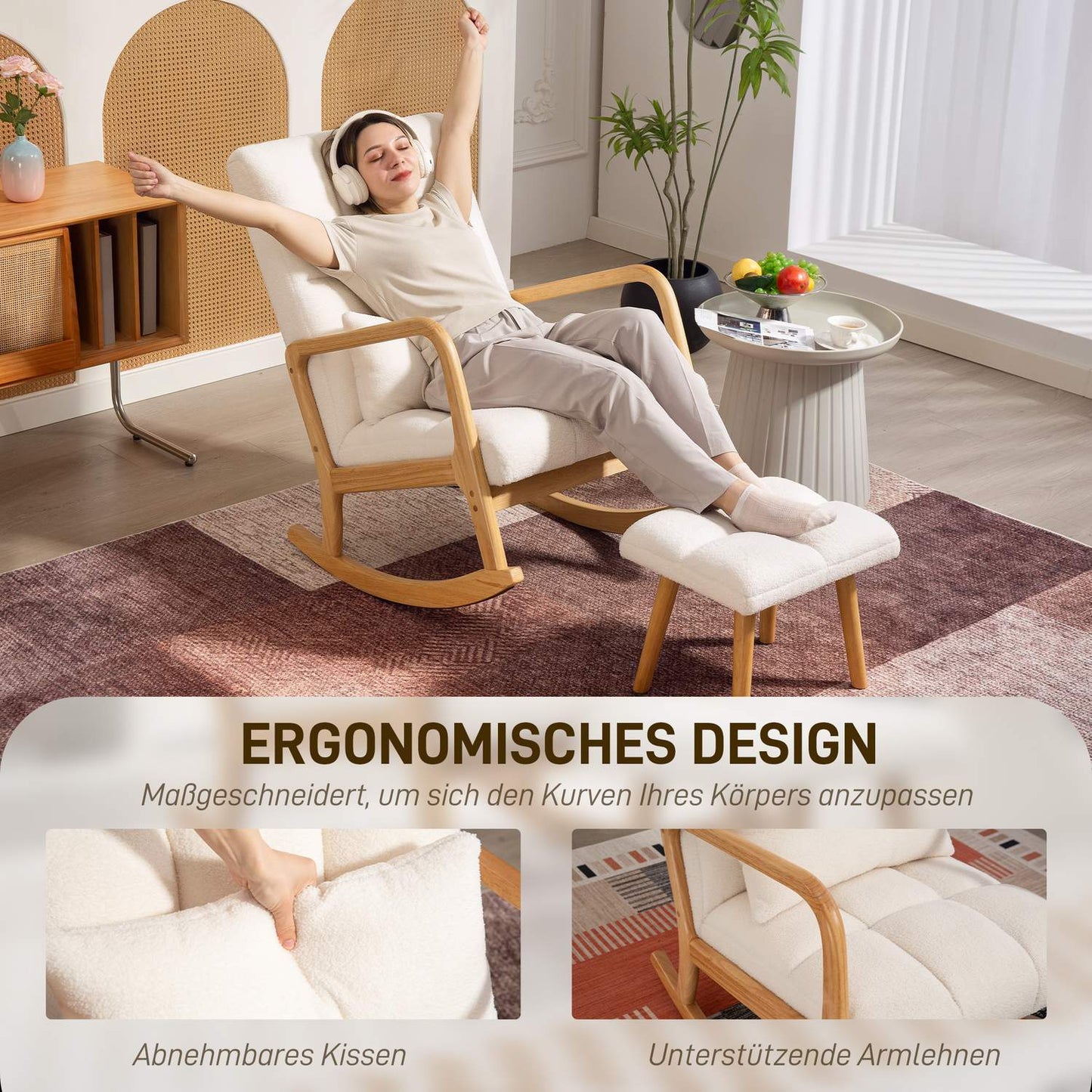 Rocking Chair with Ottoman, Fleece Cover, High Back, Wood Legs
