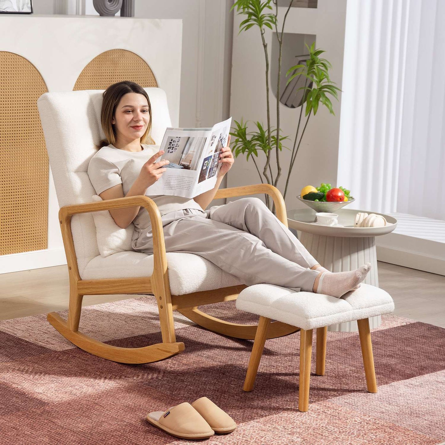 Rocking Chair with Ottoman, Fleece Cover, High Back, Wood Legs