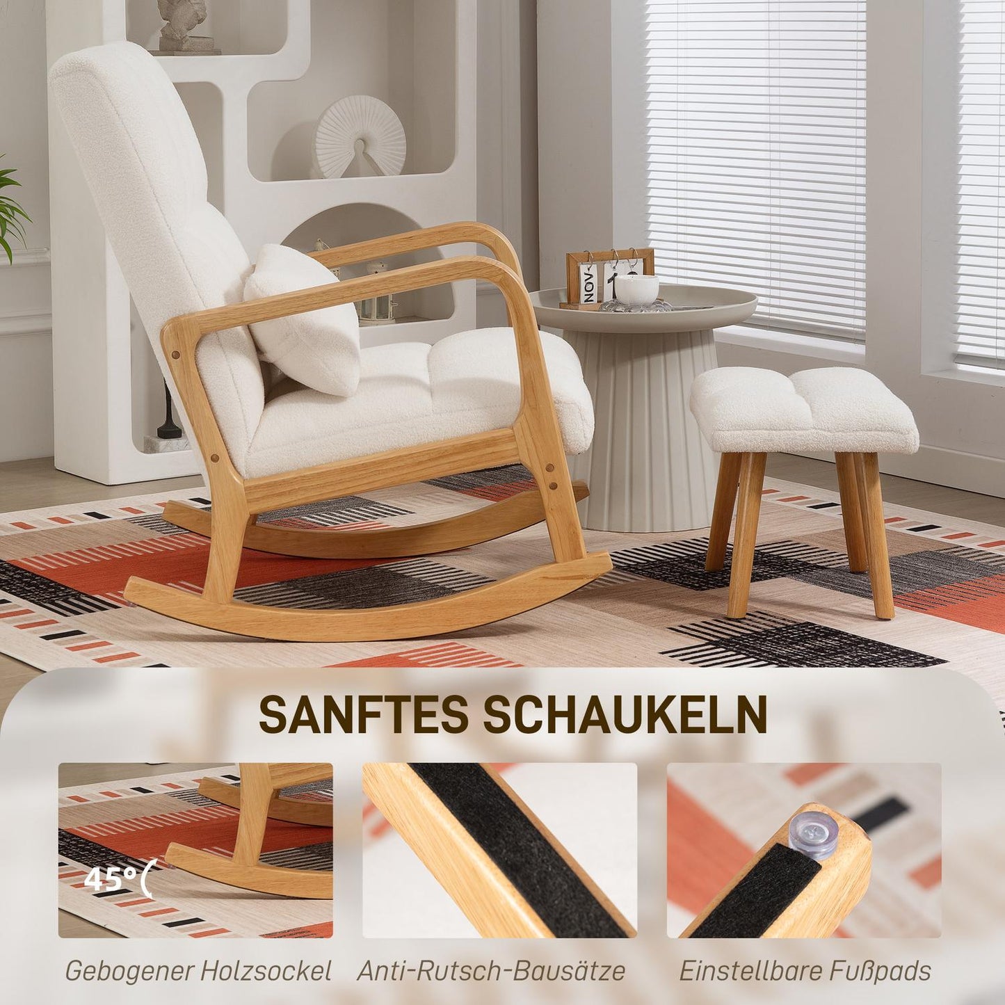 Rocking Chair with Ottoman, Fleece Cover, High Back, Wood Legs