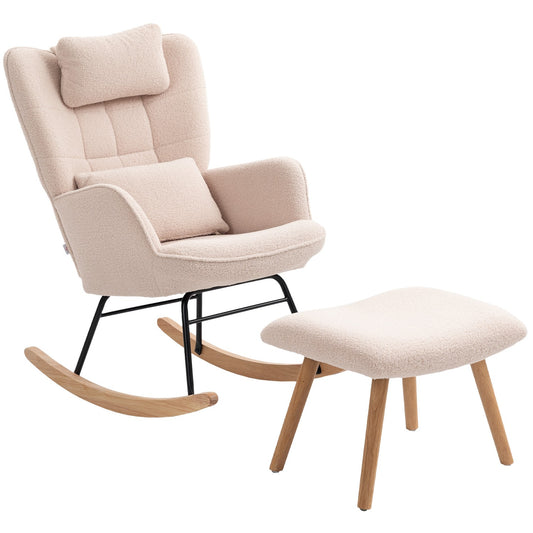 Rocking Chair with Ottoman, Fleece Cover, Wood Legs, Beige