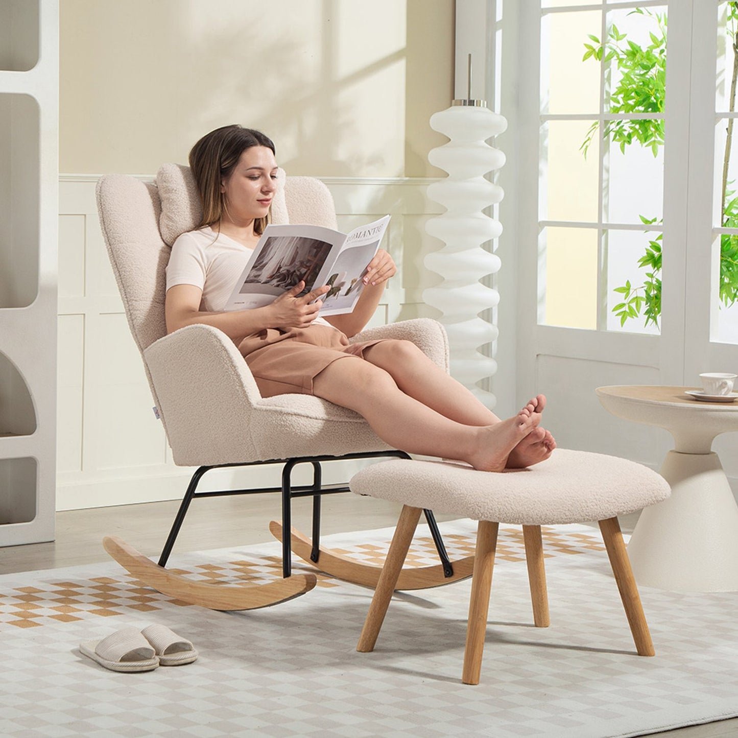 Rocking Chair with Ottoman, Fleece Cover, Wood Legs, Beige