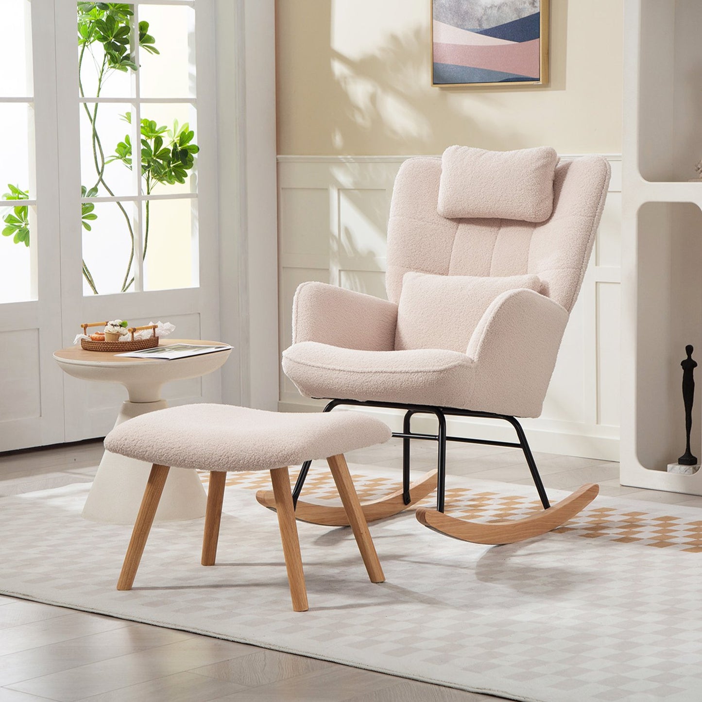 Rocking Chair with Ottoman, Fleece Cover, Wood Legs, Beige