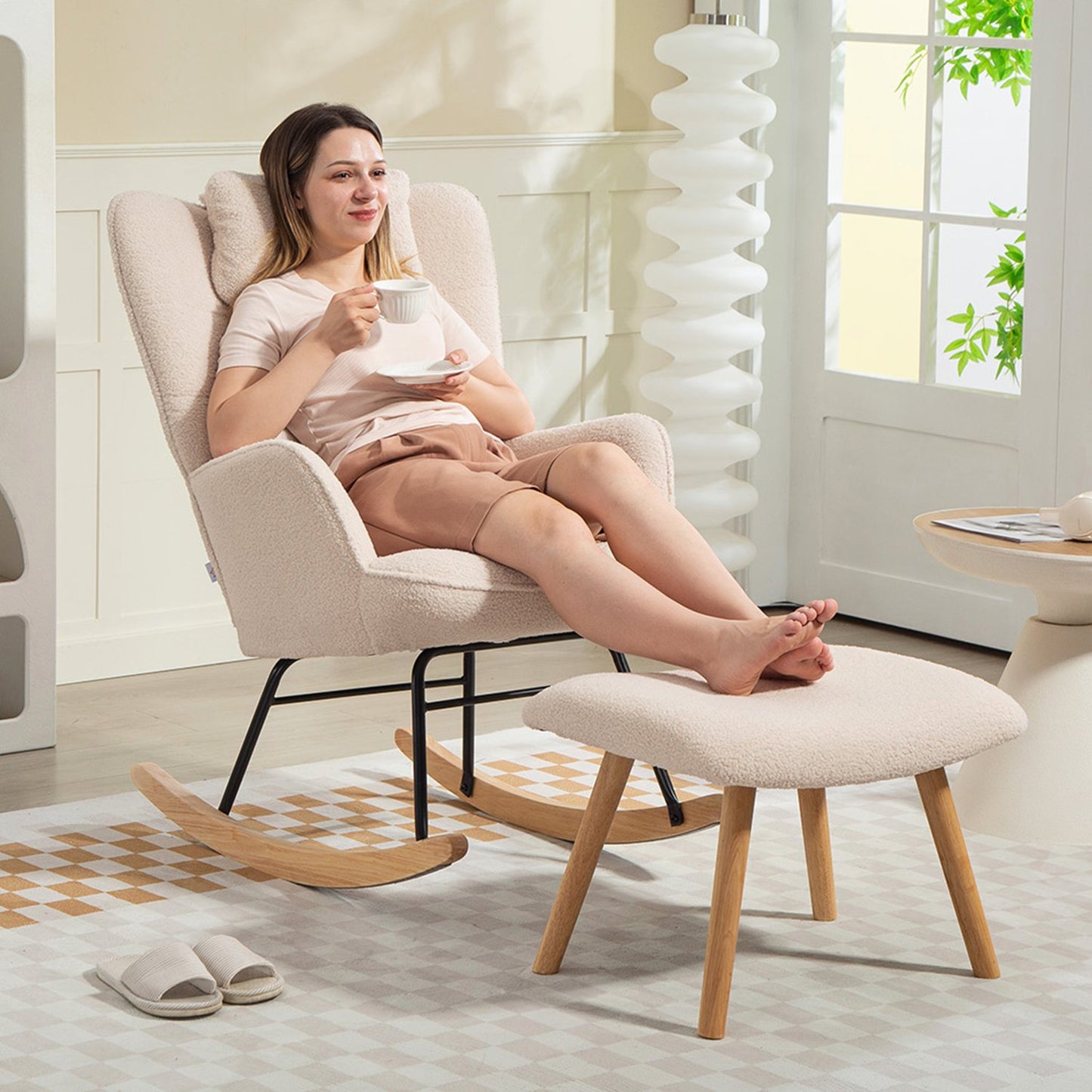 Rocking Chair with Ottoman, Fleece Cover, Wood Legs, Beige