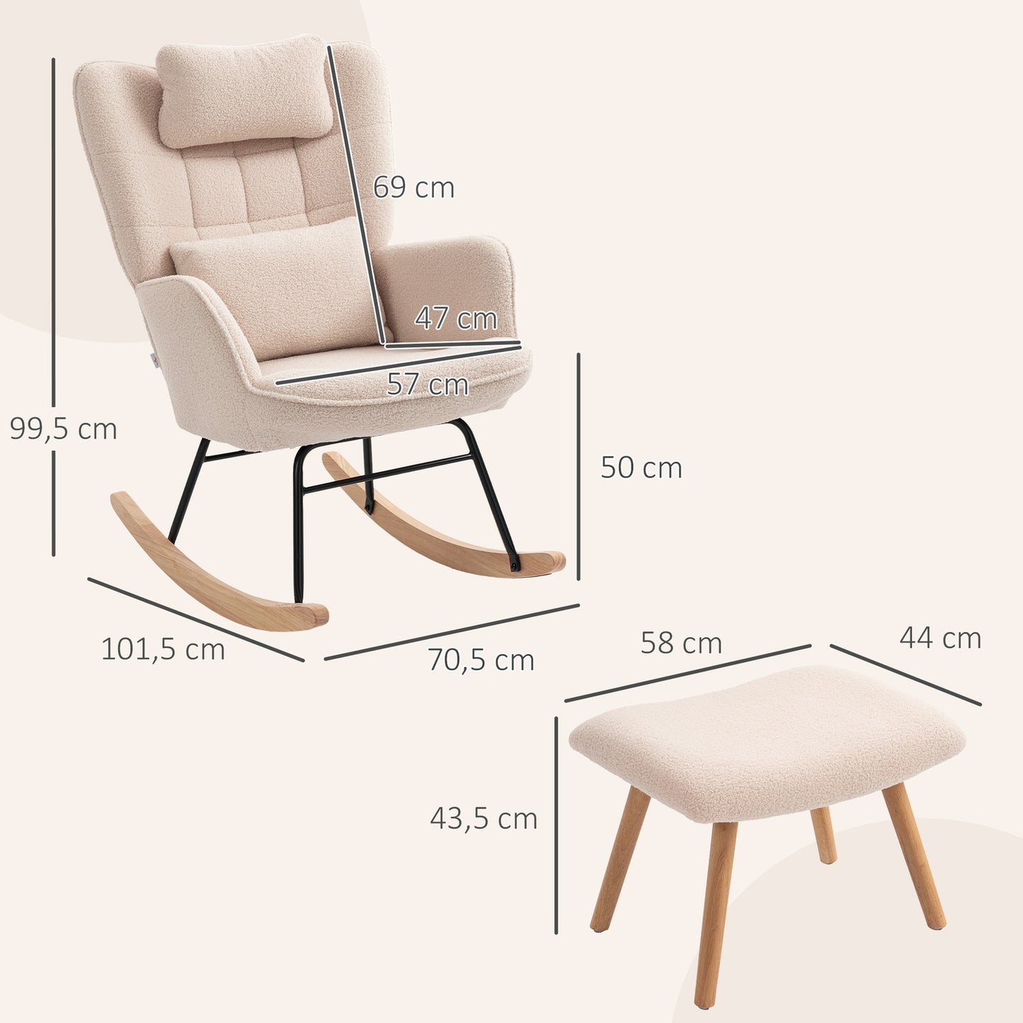 Rocking Chair with Ottoman, Fleece Cover, Wood Legs, Beige