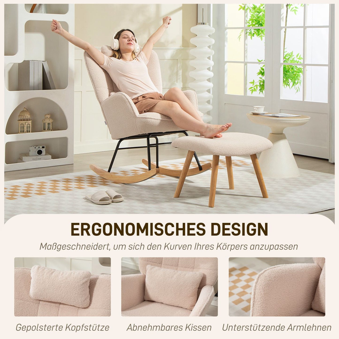 Rocking Chair with Ottoman, Fleece Cover, Wood Legs, Beige