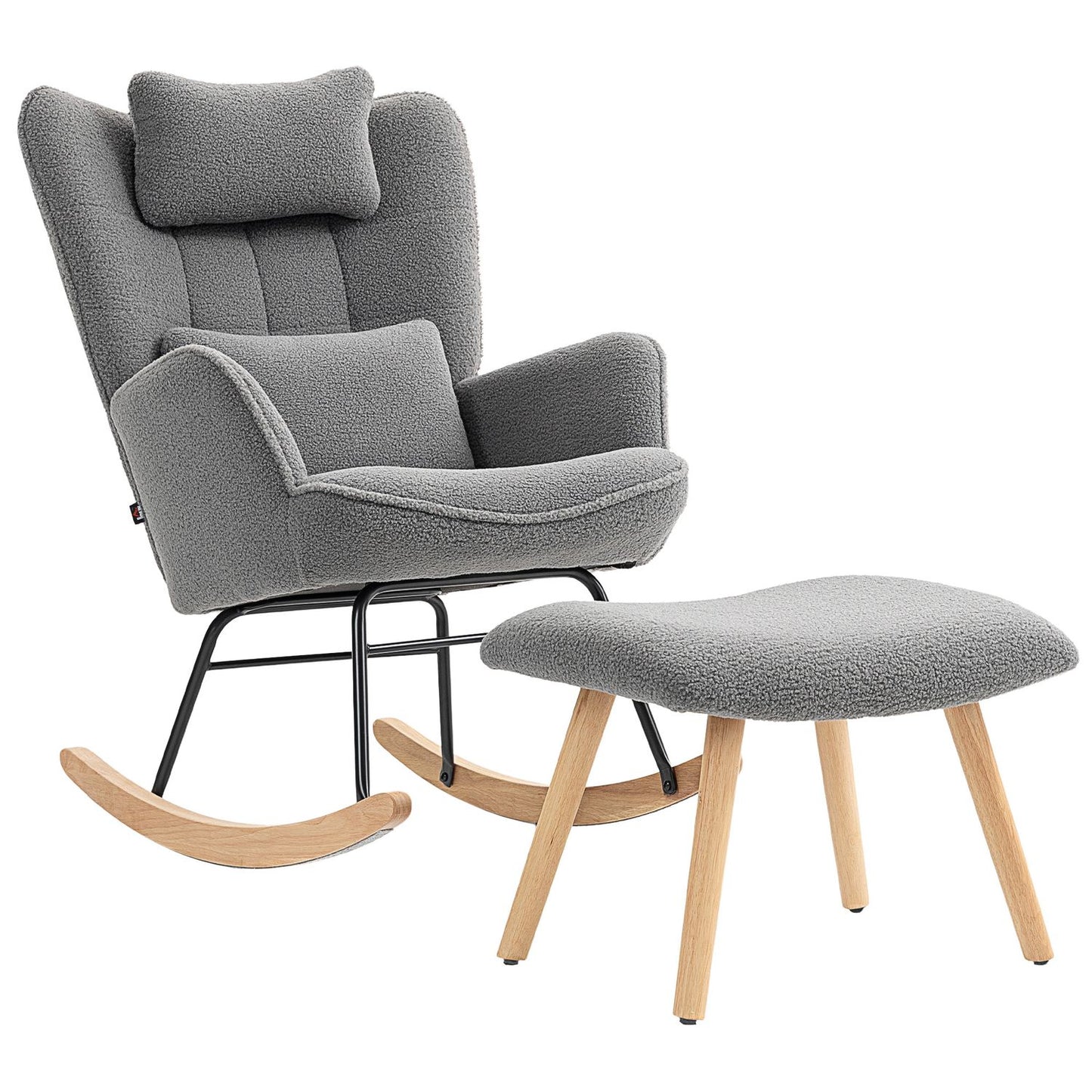 Rocking Chair with Ottoman, Fleece Cover, Wood Legs, Dark Gray