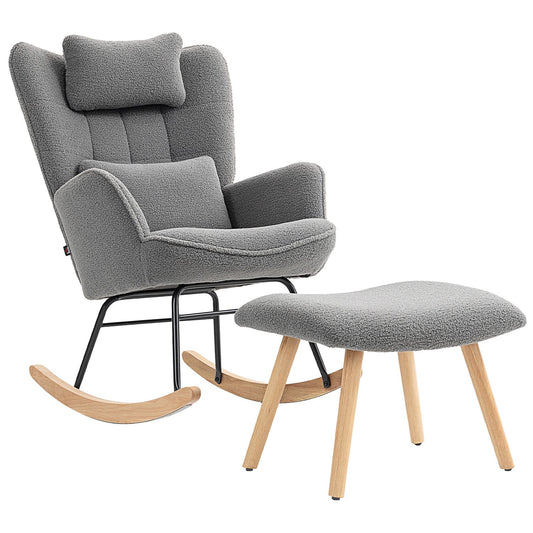 Rocking Chair with Ottoman, Fleece Cover, Wood Legs, Dark Gray