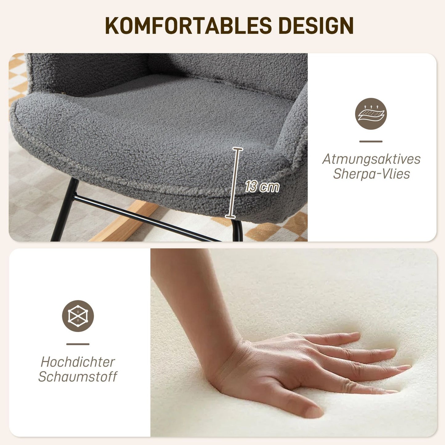 Rocking Chair with Ottoman, Fleece Cover, Wood Legs, Dark Gray