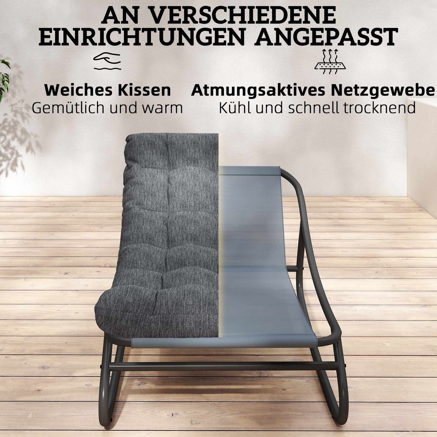 Rocking Chair with Wide Mesh Seat and Thick Cushion, Gray
