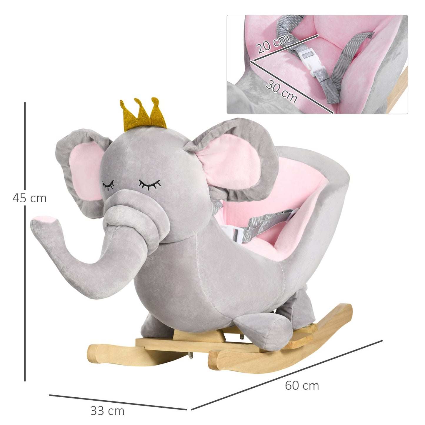 Wooden rocking horse elephant - gray and pink, ages 18 million+