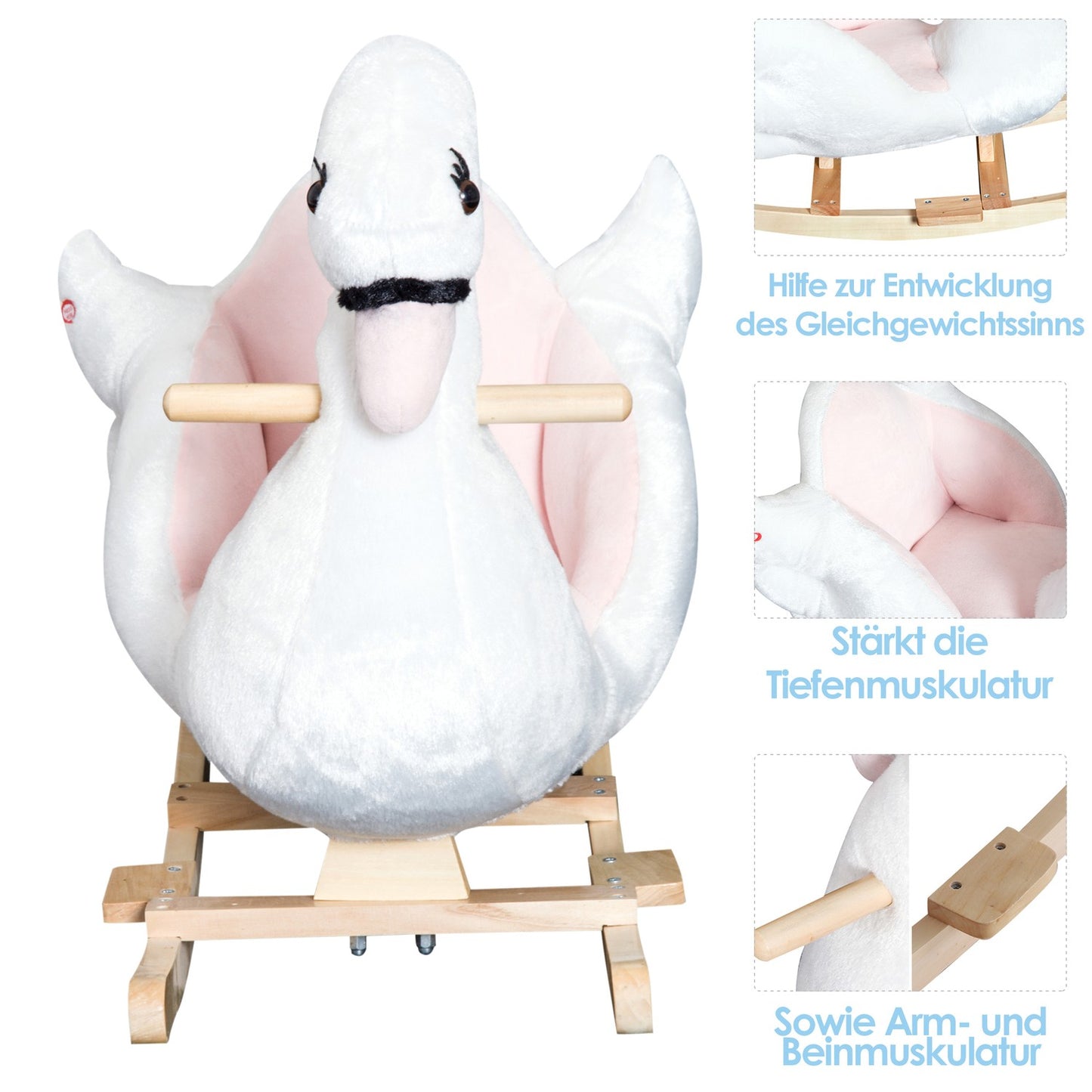 Pink and white rocking horse for children - Soft plush, 60x32x55 cm