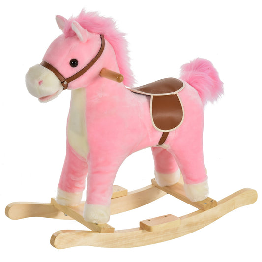 Pink plush rocking horse toy with sound, ages 3-6, 65 cm