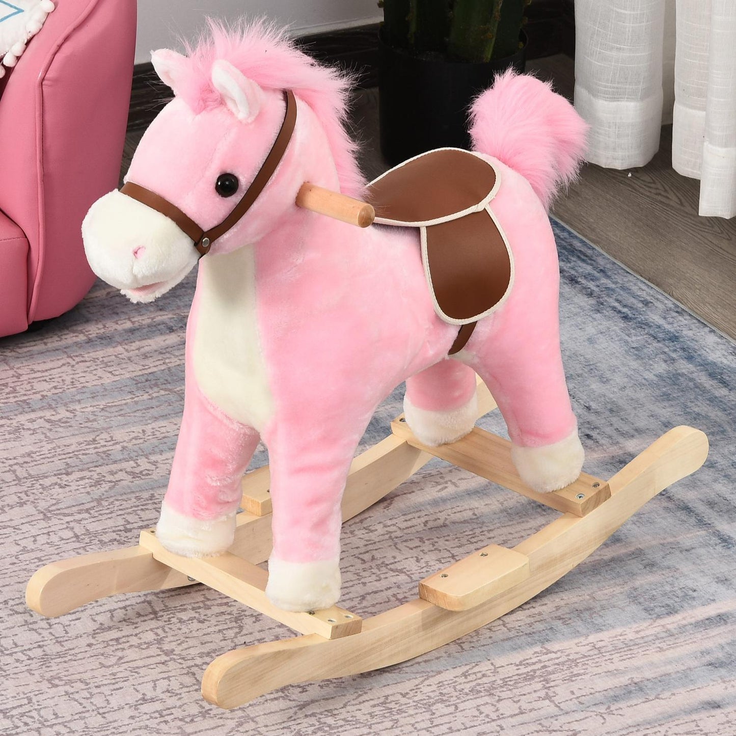 Pink plush rocking horse toy with sound, ages 3-6, 65 cm