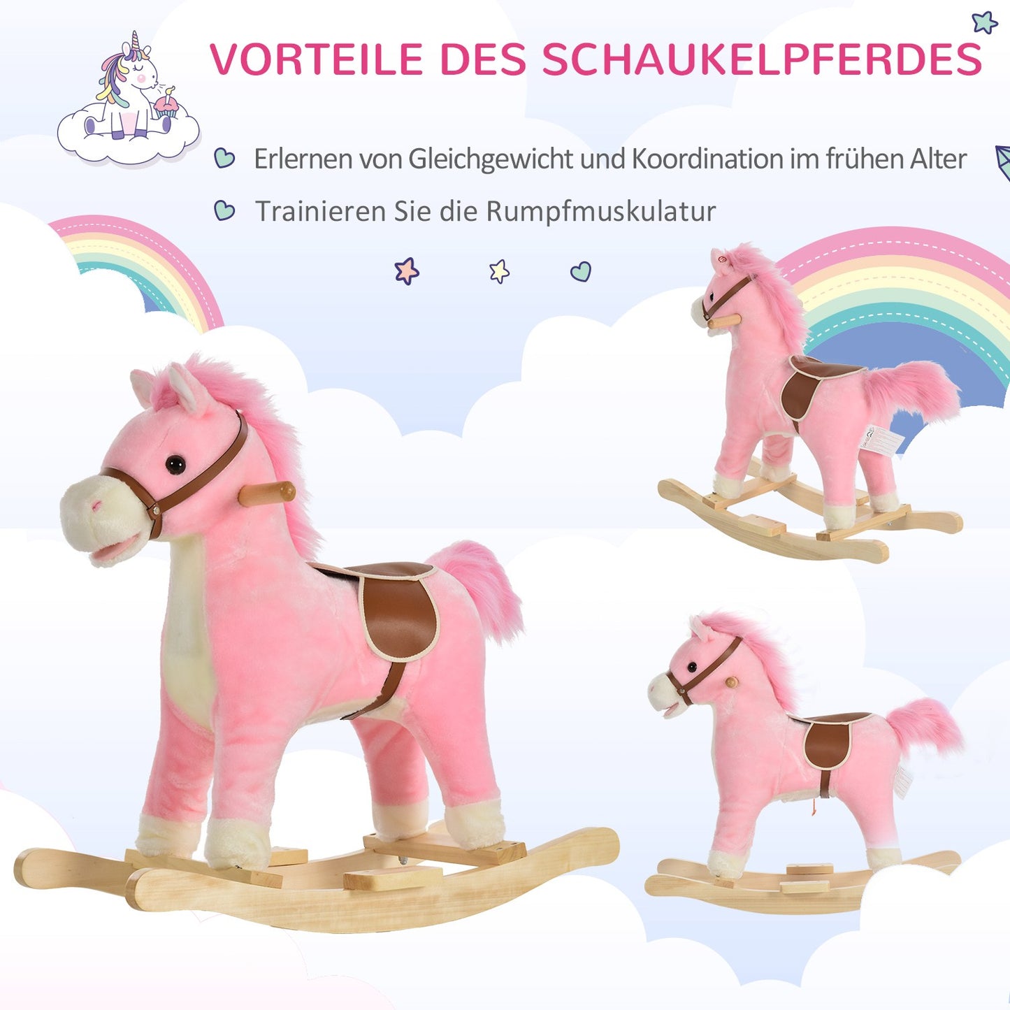 Pink plush rocking horse toy with sound, ages 3-6, 65 cm