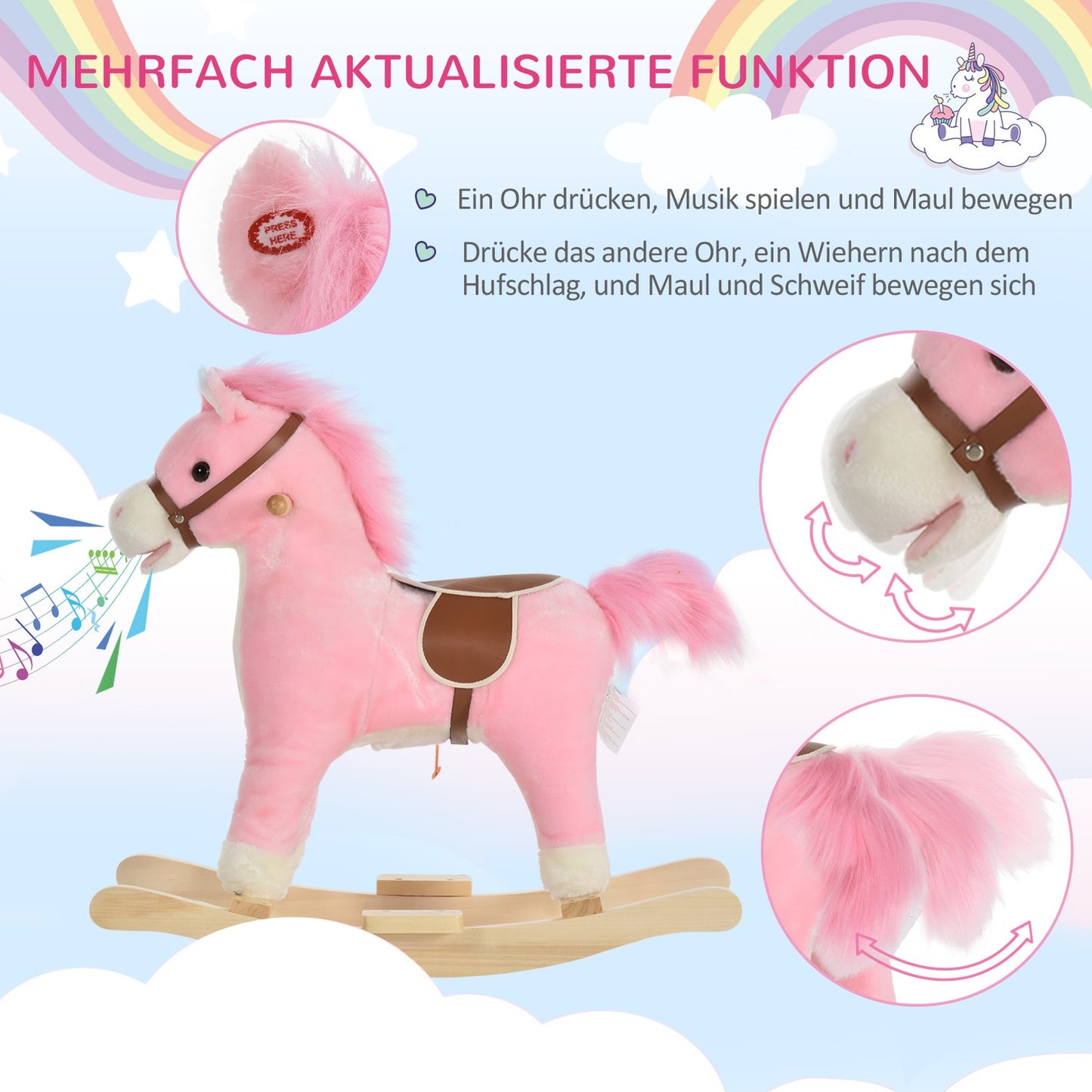 Pink plush rocking horse toy with sound, ages 3-6, 65 cm