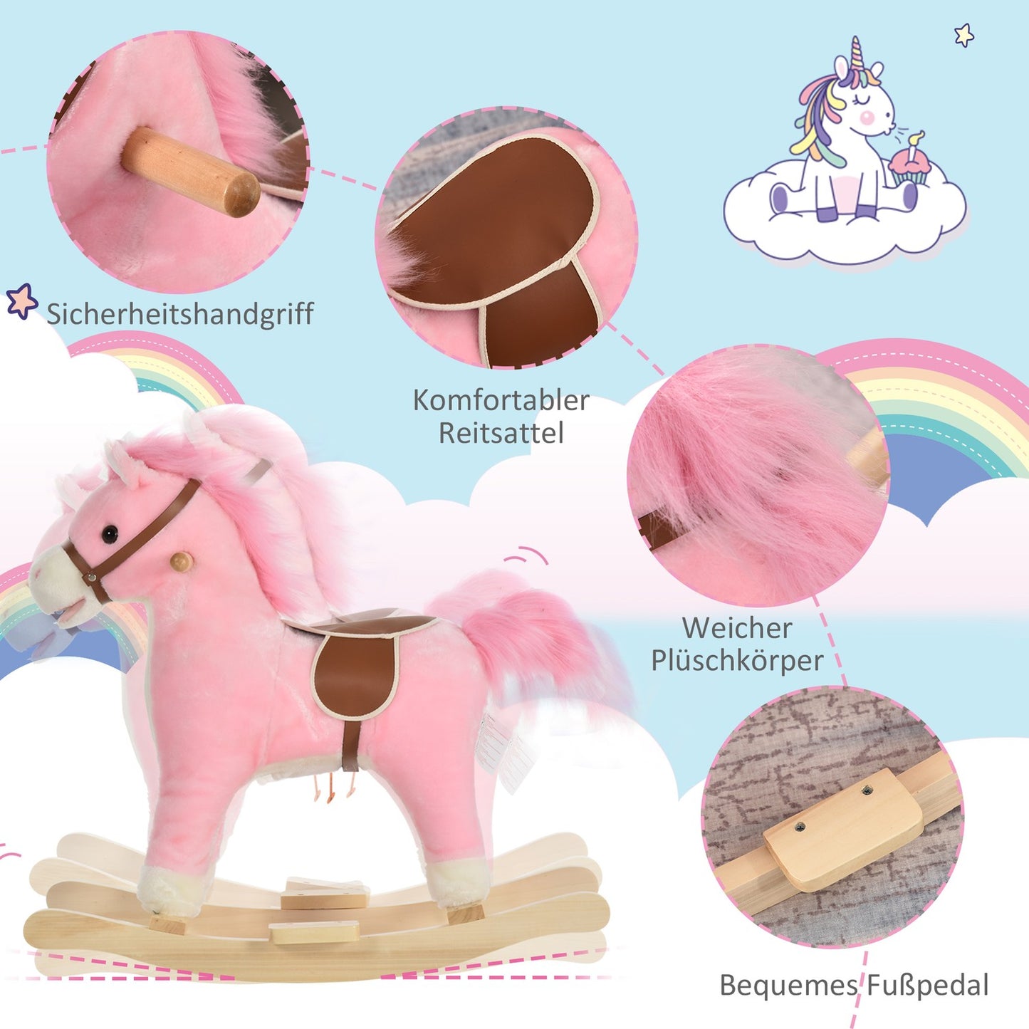 Pink plush rocking horse toy with sound, ages 3-6, 65 cm