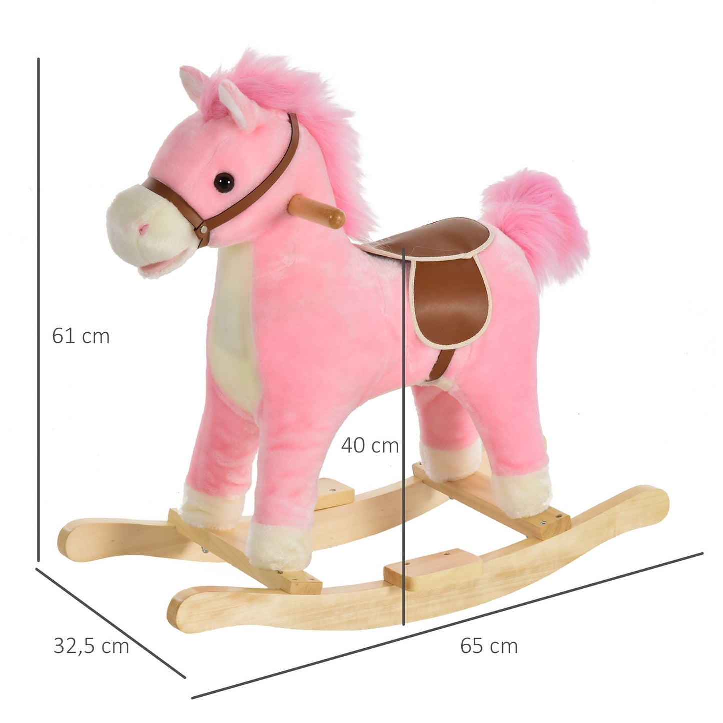 Pink plush rocking horse toy with sound, ages 3-6, 65 cm