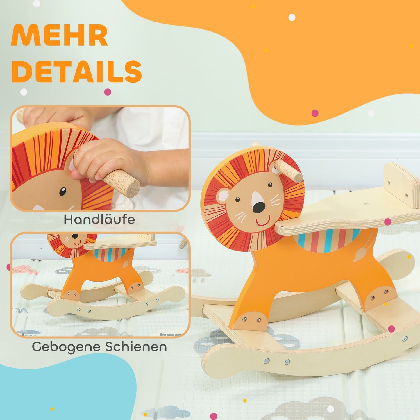 Rocking Horse, Lion Design, Wood, 25kg Capacity, Ages 2-5
