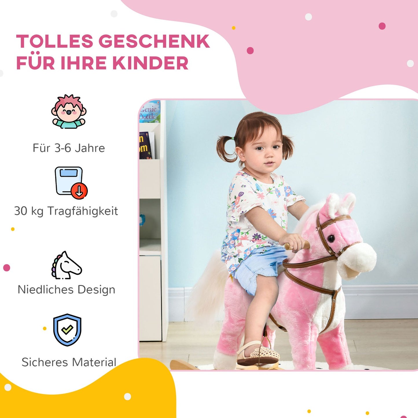Pink plush rocking horse with sound - 3-6 years, wooden base