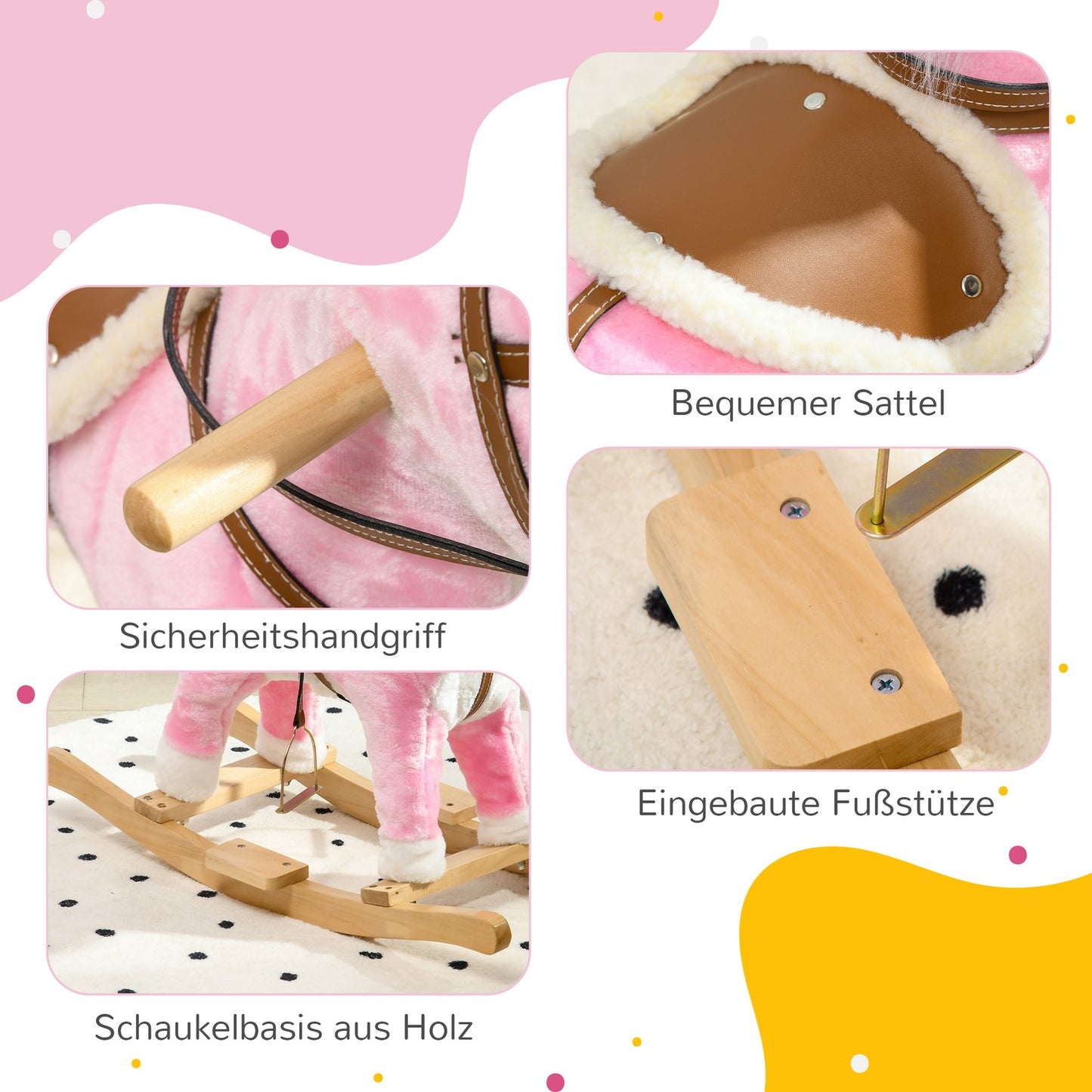 Pink plush rocking horse with sound - 3-6 years, wooden base