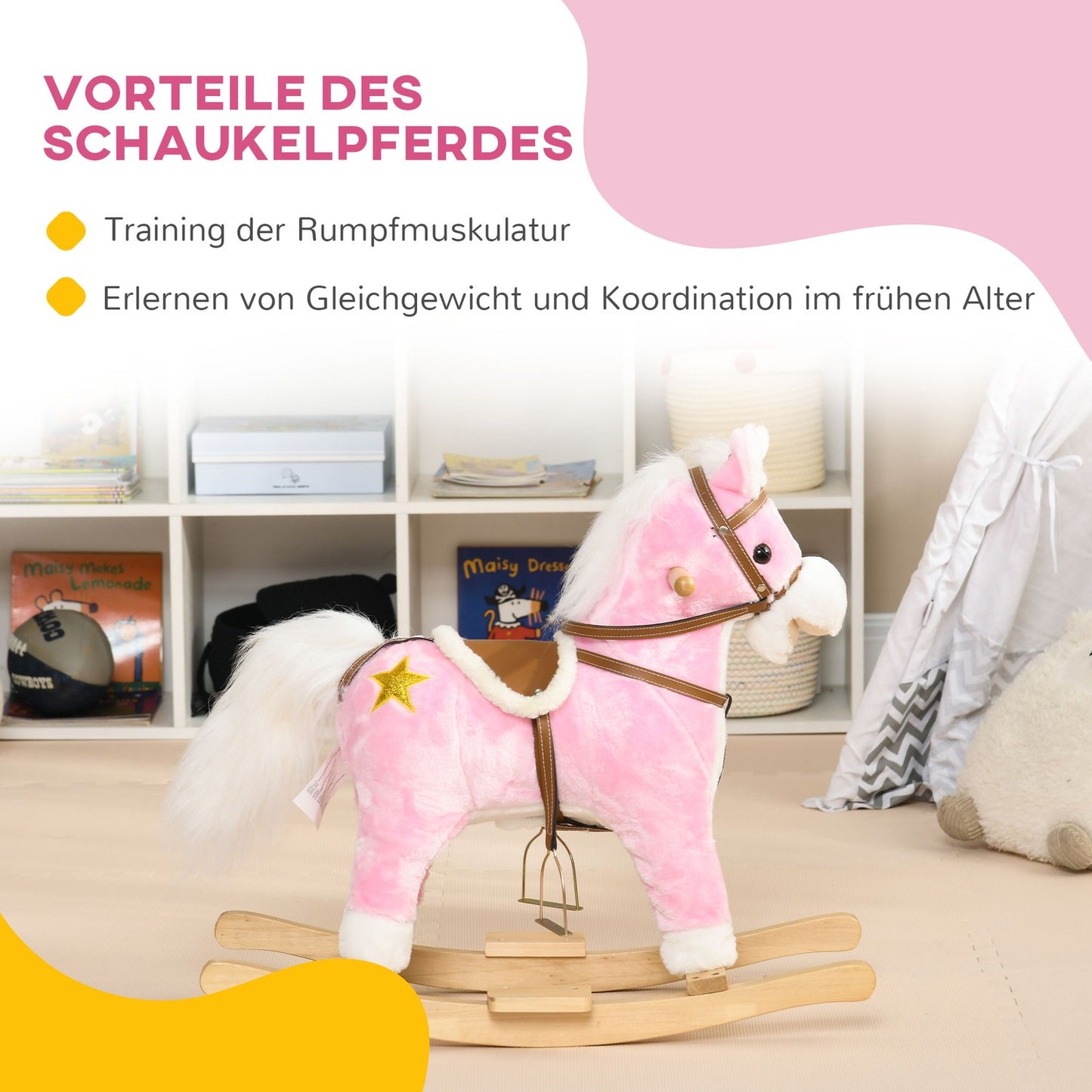 Pink plush rocking horse with sound - 3-6 years, wooden base